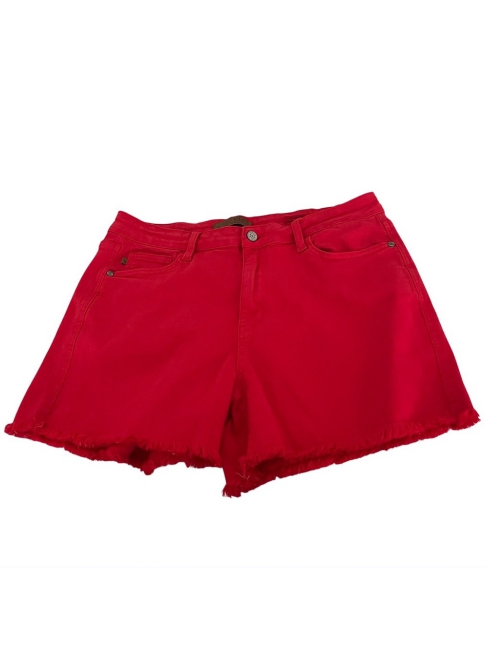 Judy Blue Bold Red Denim Shorts with Frayed Hem - Picture 2 of 6